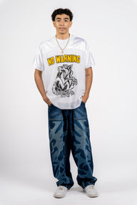 Maha 4 Pocket Baggy Fit Blue Wash Denim with Tribal Print & Snap Details