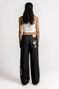 Navari 5 Pocket Low Rise Baggy Fit Acid Washed Black Denim & Anime Print