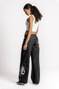 Navari 5 Pocket Low Rise Baggy Fit Acid Washed Black Denim & Anime Print