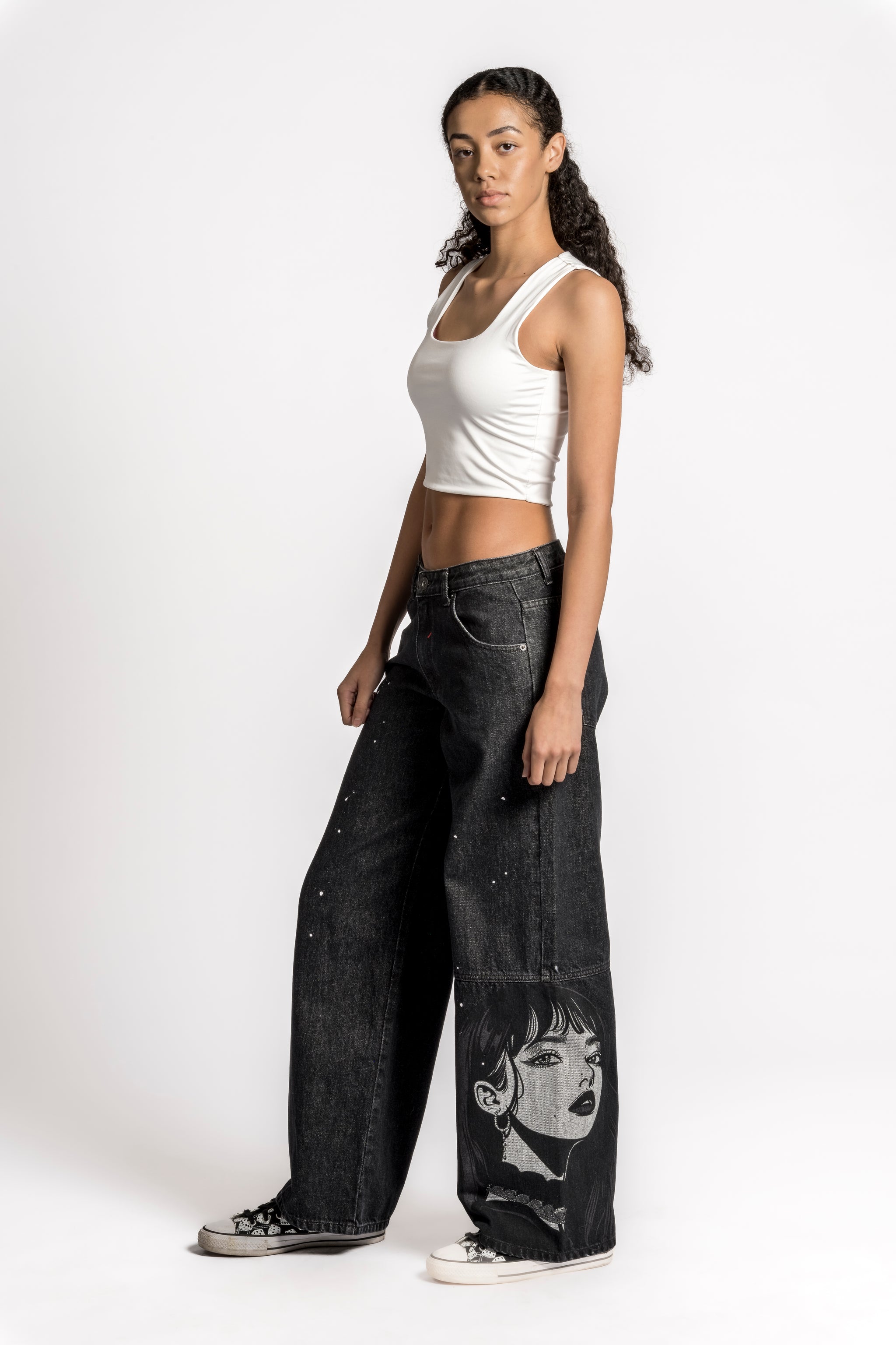 Navari 5 Pocket Low Rise Baggy Fit Acid Washed Black Denim & Anime Print