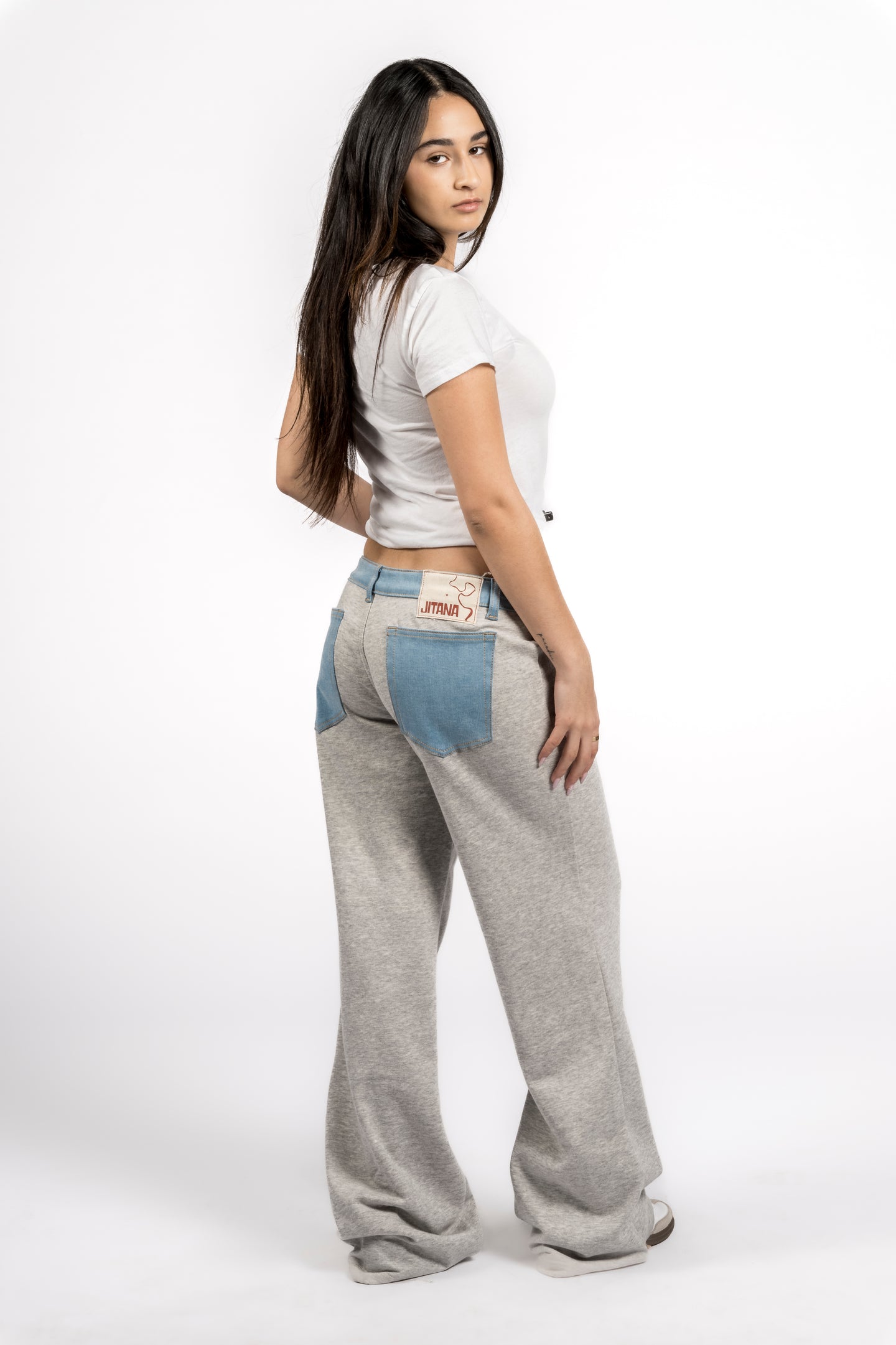 Chanok French Terry Wide Leg Sweats with Denim Waistband & Back Pockets