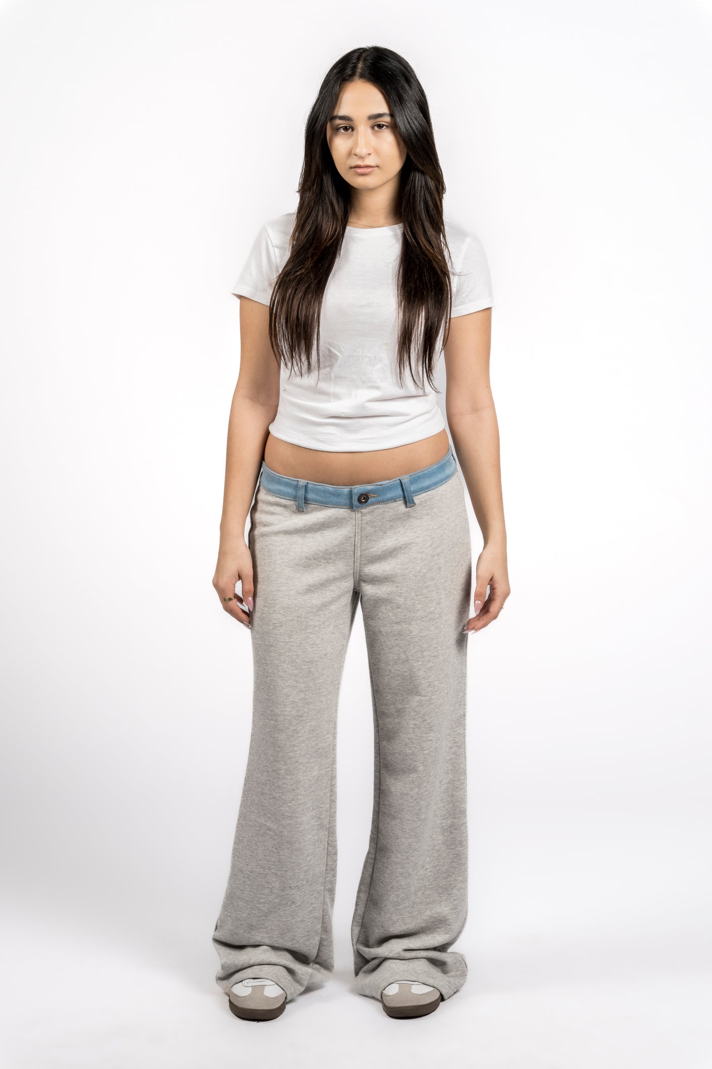 Chanok French Terry Wide Leg Sweats with Denim Waistband & Back Pockets
