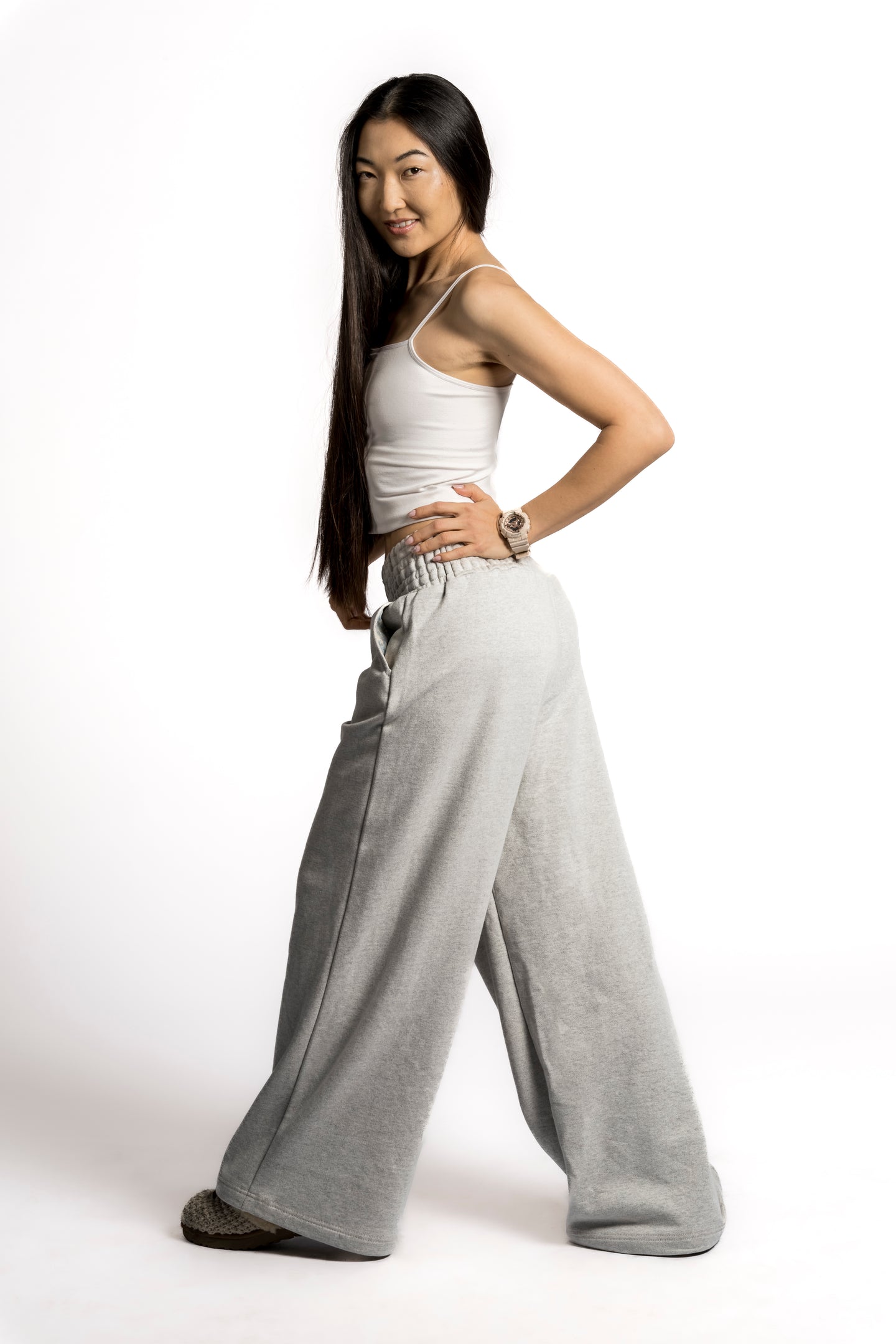 Mae French Terry Wide Leg 2 Pocket Sweatpants with Ruched Elastic Waistband