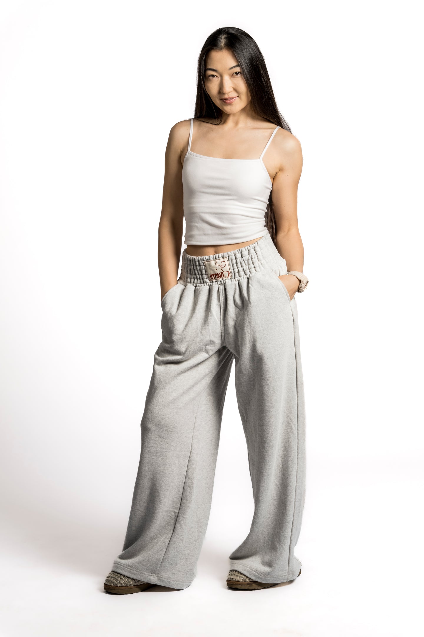 Mae French Terry Wide Leg 2 Pocket Sweatpants with Ruched Elastic Waistband
