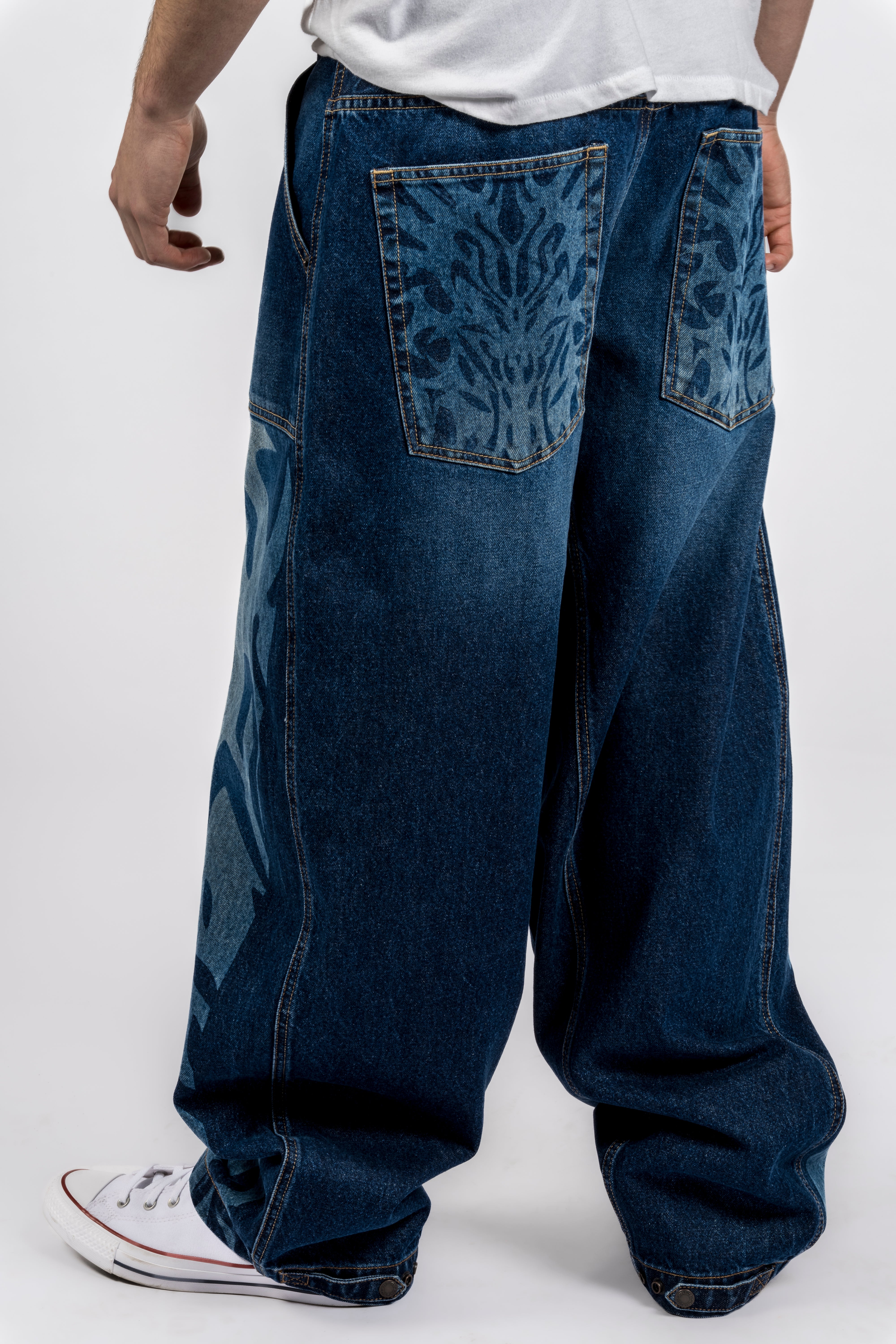 Maha 4 Pocket Baggy Fit Blue Wash Denim with Tribal Print & Snap Detai