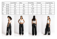 Navari 5 Pocket Low Rise Baggy Fit Acid Washed Black Denim & Anime Print