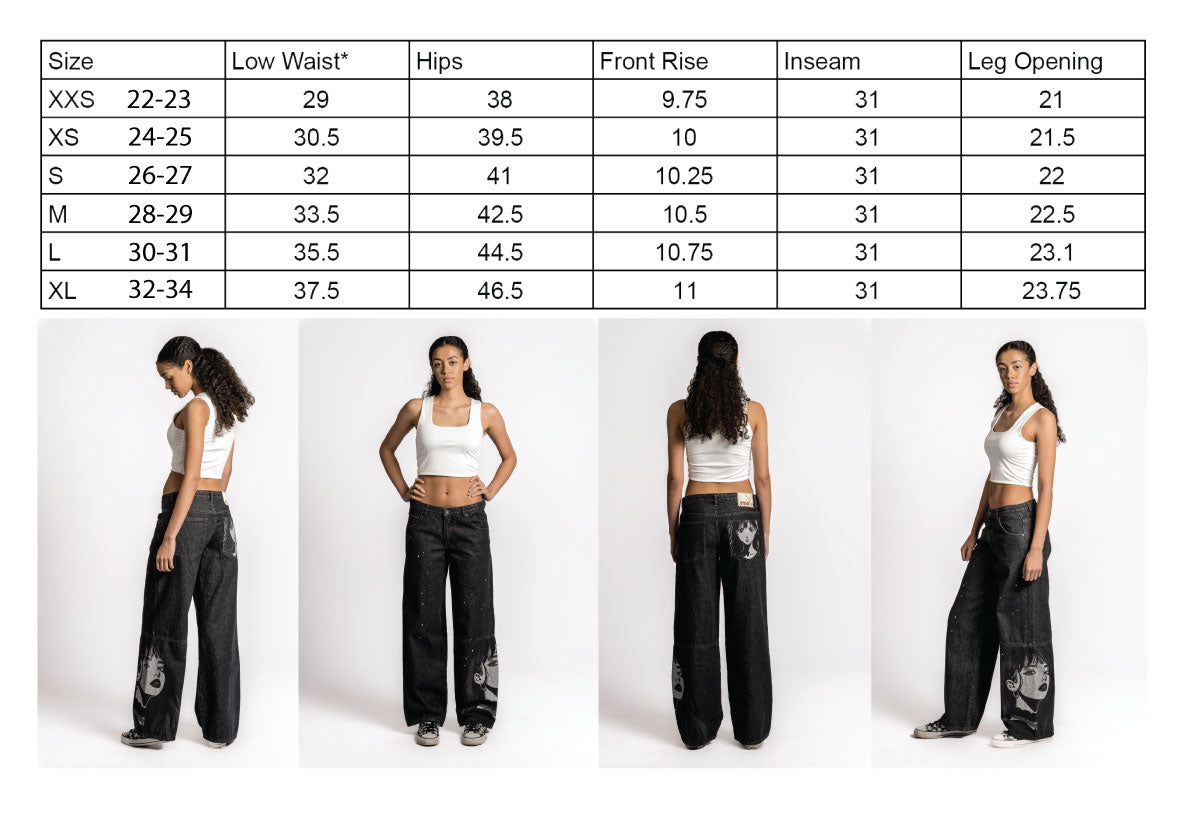 Navari 5 Pocket Low Rise Baggy Fit Acid Washed Black Denim & Anime Print