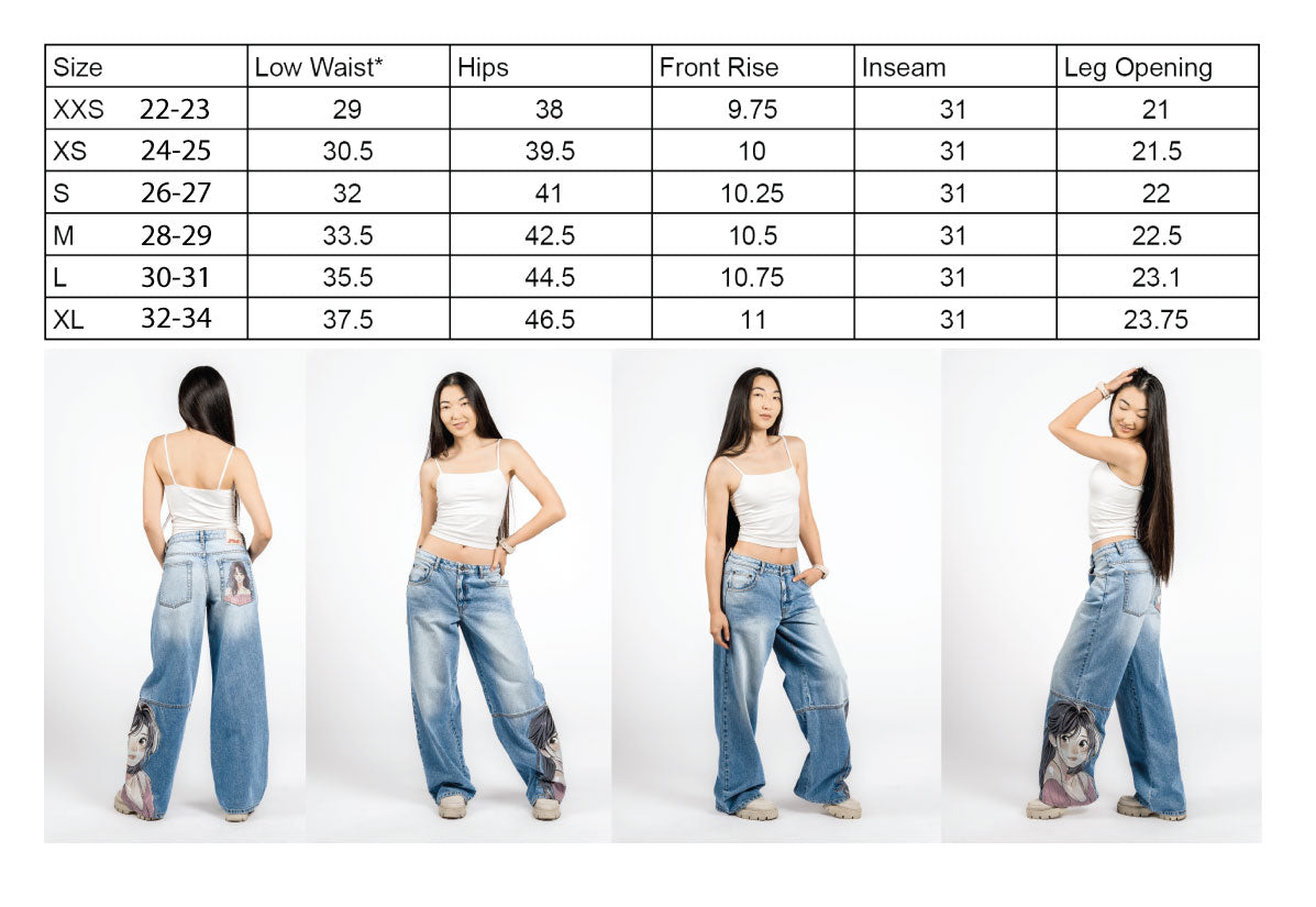 Navari 5 Pocket Low Rise Baggy Fit Denim with Light Wash & Anime Print