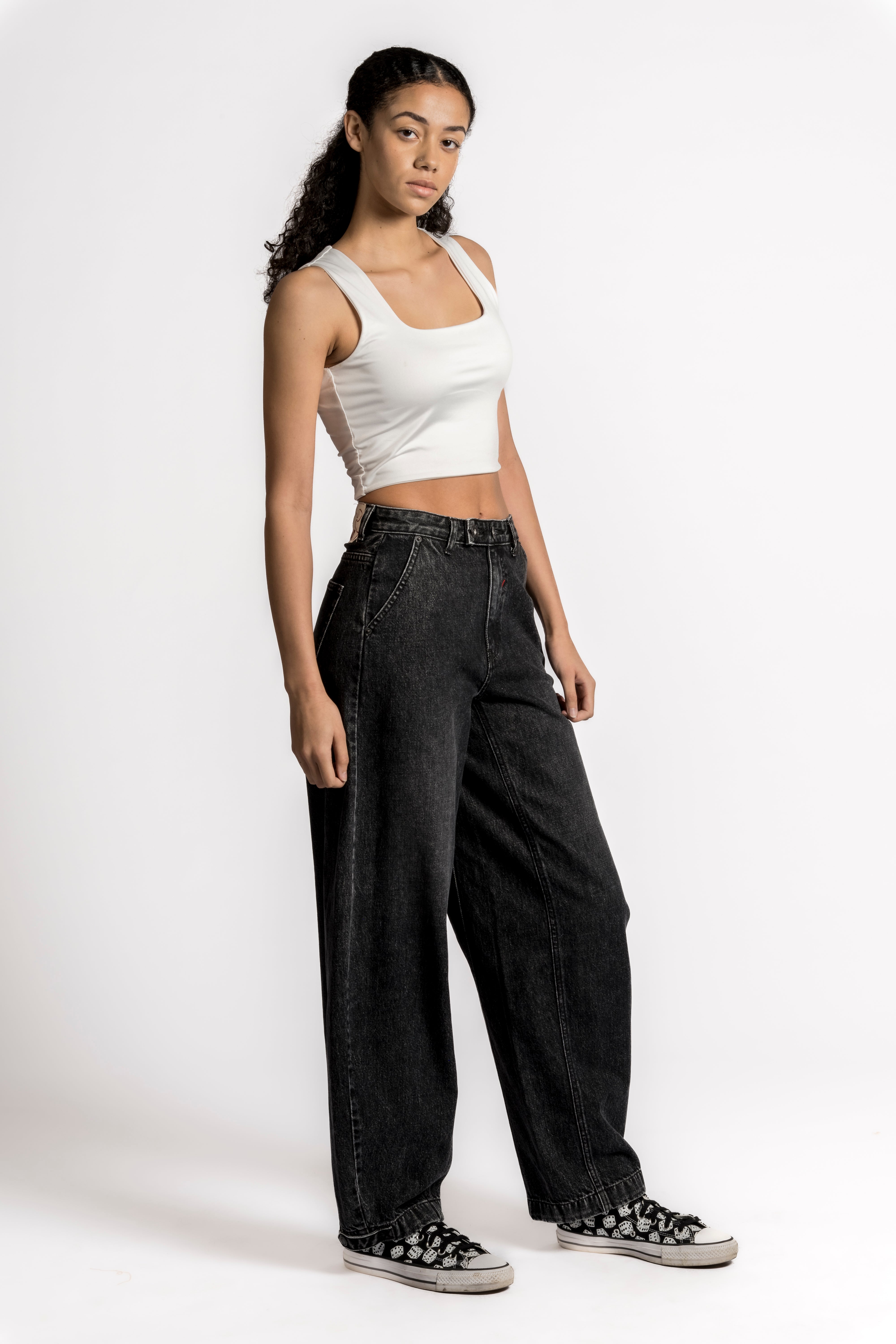 Vora High Waist 4 Pocket Acid Washed Black Denim with Snap Details