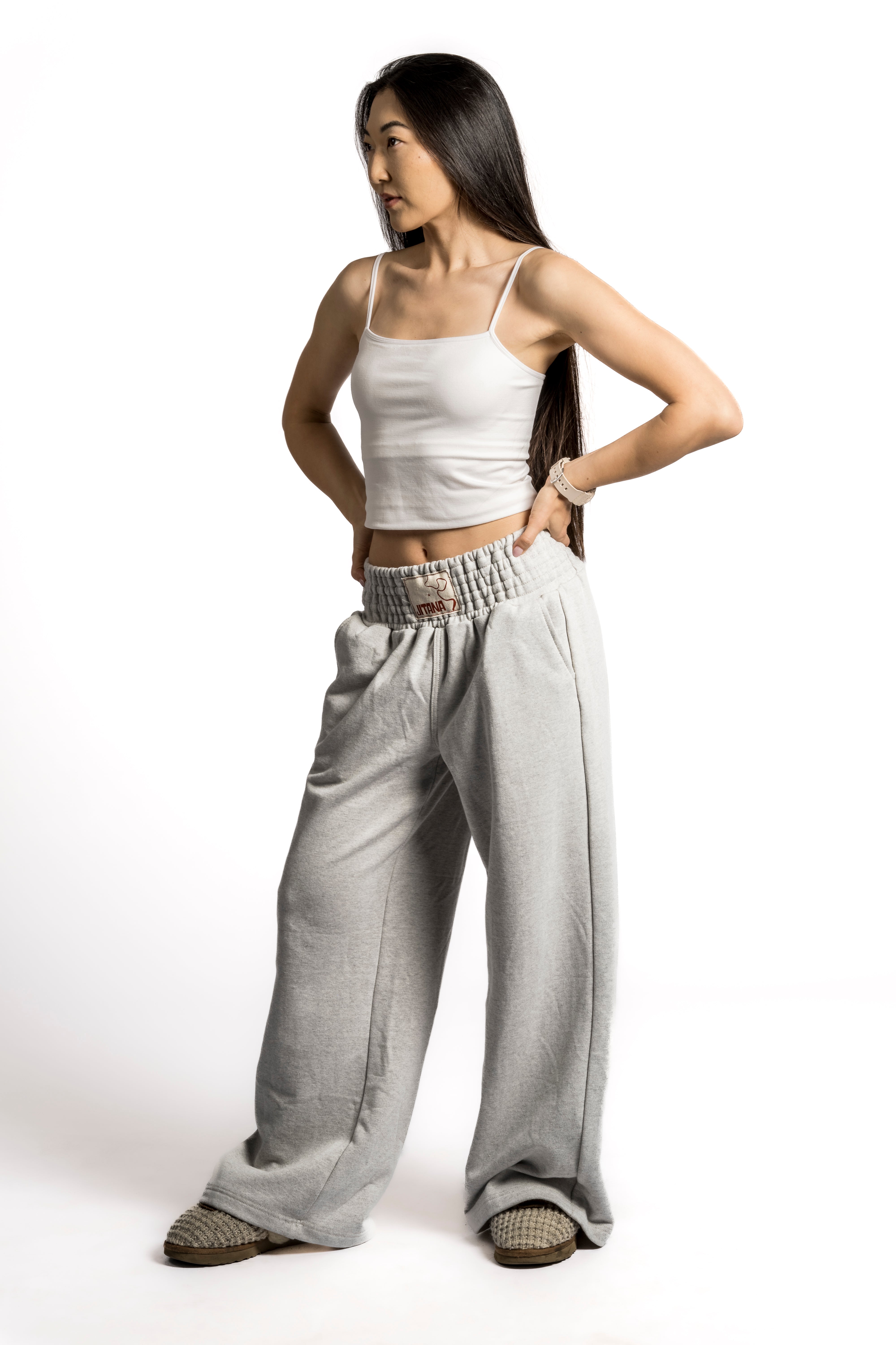 Mae French Terry Wide Leg 2 Pocket Sweatpants with Ruched Elastic Wais