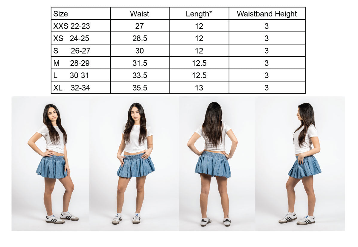 Lali Chambray Micro Mini Bubble Skirt with Ruched Elastic Waistband