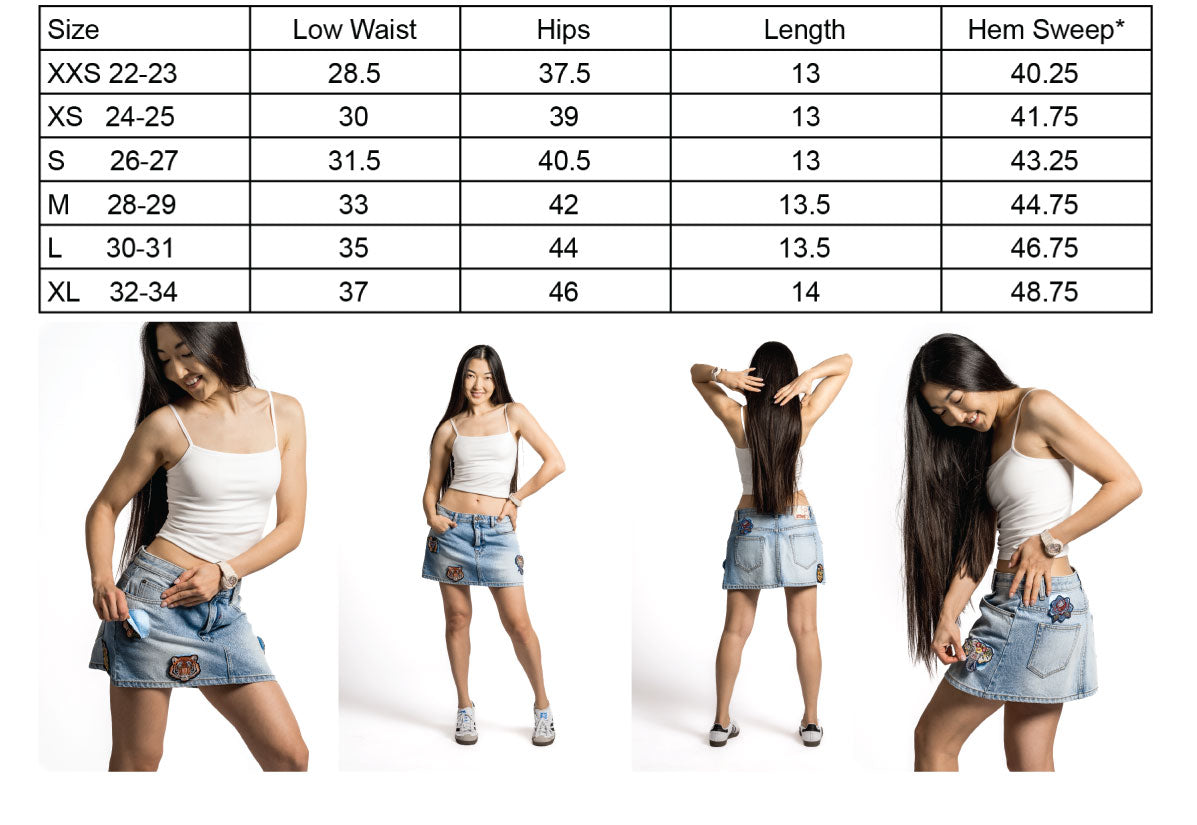 Ploi 5 Pocket Low Rise Light Wash Denim Skirt with Interchangeable Patches