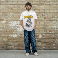 Maha 4 Pocket Baggy Fit Blue Wash Denim with Tribal Print & Snap Details