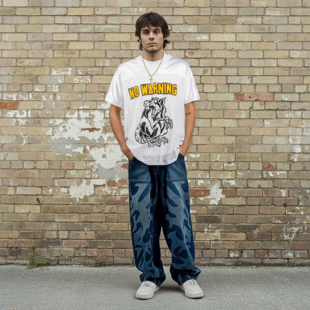 Maha 4 Pocket Baggy Fit Blue Wash Denim with Tribal Print & Snap Details